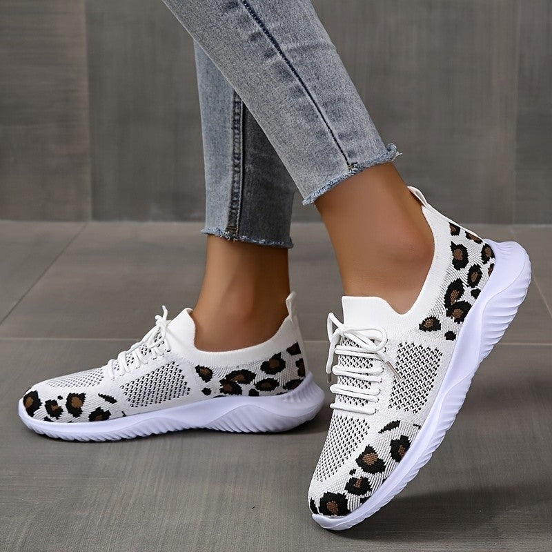 White Shoes Women Leopard Print Lace-up Sneakers Sports