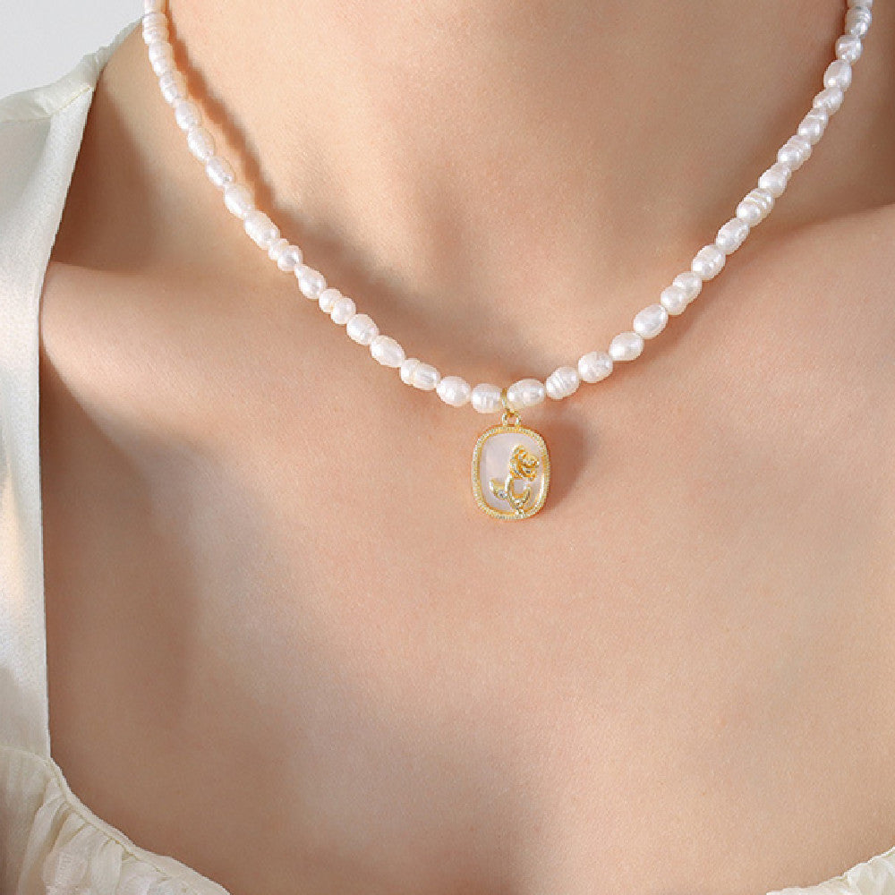 Fresh Water Pearl Chain Oval Brand Inlaid Zircon Color Shell Embossed Flower Necklace