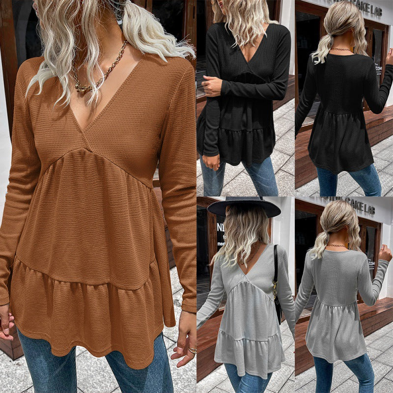 Loose Casual Solid Color V-Neck Long Sleeve Tata Top