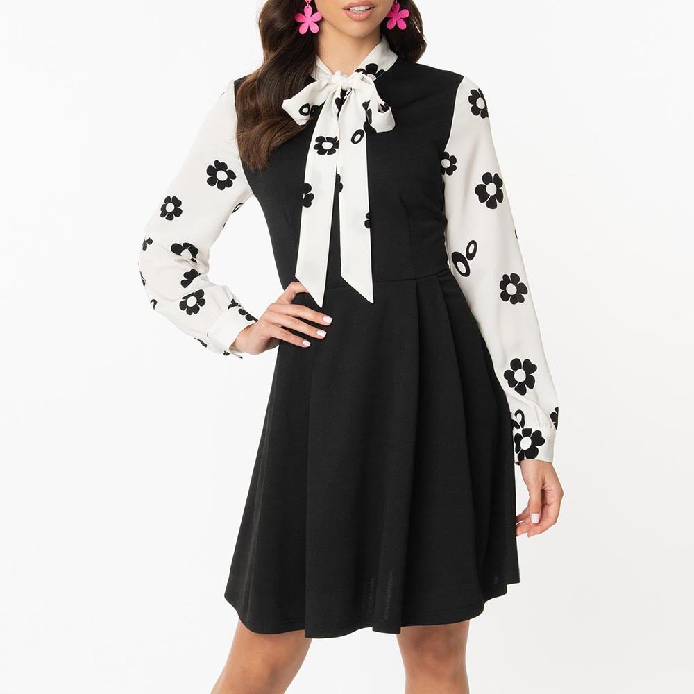 Women's Printed Black And White Mosaic Neckline Tie Casual Dress