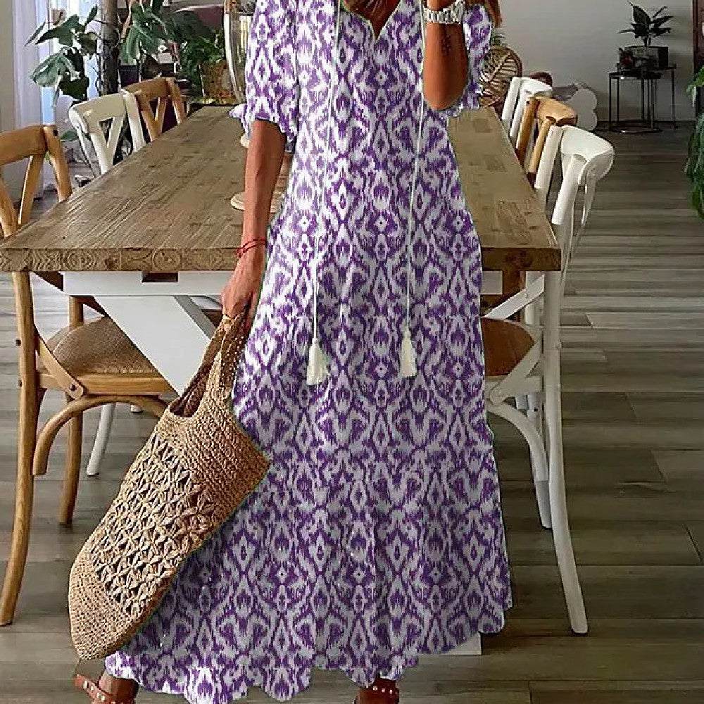 Women's Long Dress with Medium-Length Sleeves and Printed Design