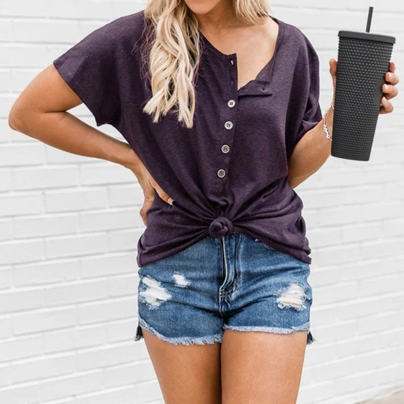 Irregular Hem Button Short-Sleeved T-Shirt for Fashionable Women