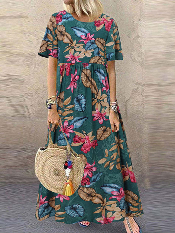 Long Dress Round Neck Casual Women's Retro