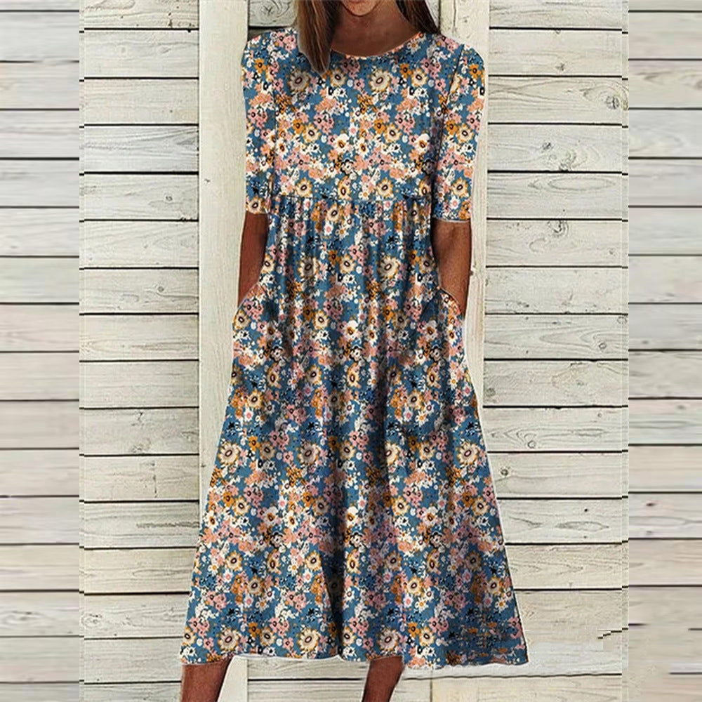 Loose Long Dress for Women with Printed Design and Convenient Pockets