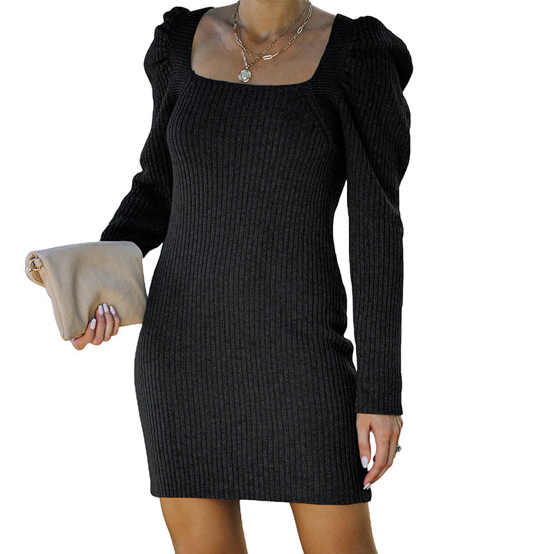 New Solid Color Long Sleeve Sweater Dress