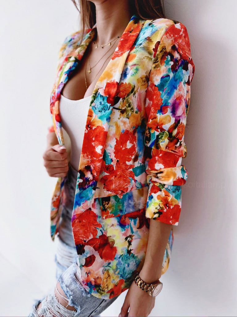 Floral Digital Printing Long Sleeve Lapel Women's Slim Fit Jacket