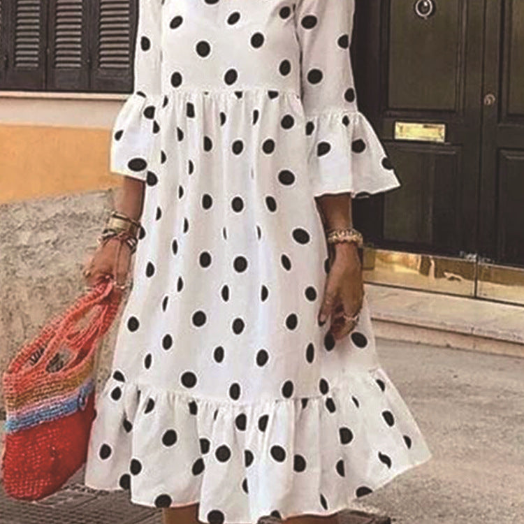 Polka Dot Ruffled Dress: Women's Elegant Slimming Round Neck Design