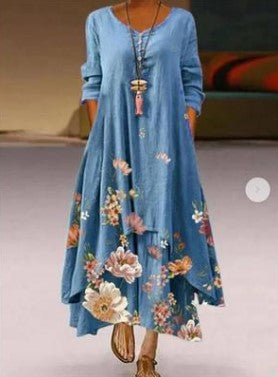 Printed Long-Sleeved Dress for Women with Irregular Hem Long Skirt