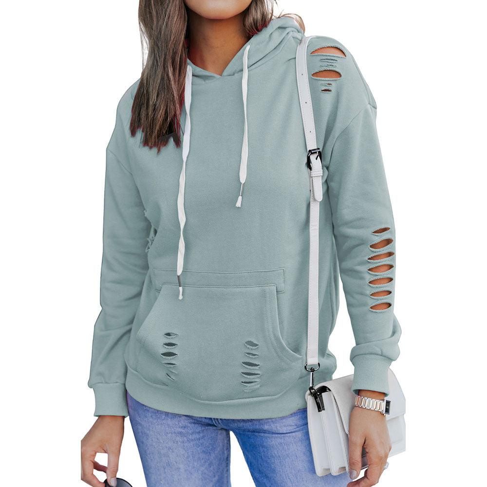 New Women's Long-Sleeved Drawstring Hoodie Sweater in Solid Color