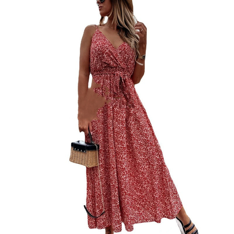 Sexy Floral Sling Dress for Women with Lace-Up Detail and a Long Skirt