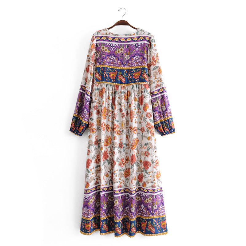 Vacation-Style Lantern Sleeve Dress with Positioning Print, Perfect for Travel