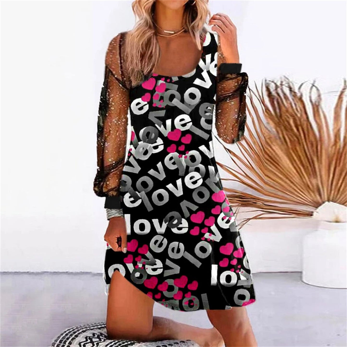 Women's New Printed Panel Mesh Dress