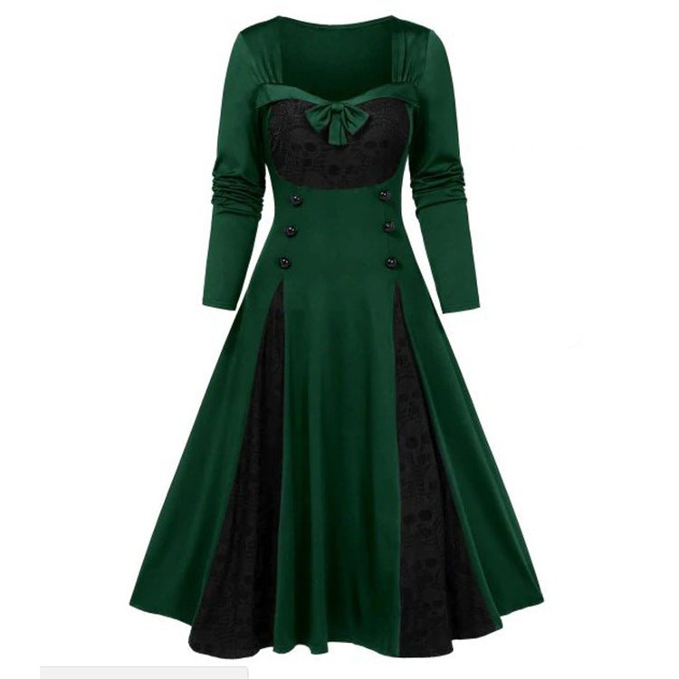 Fashionable Women's Dress with Contrast Color Lace Stitching