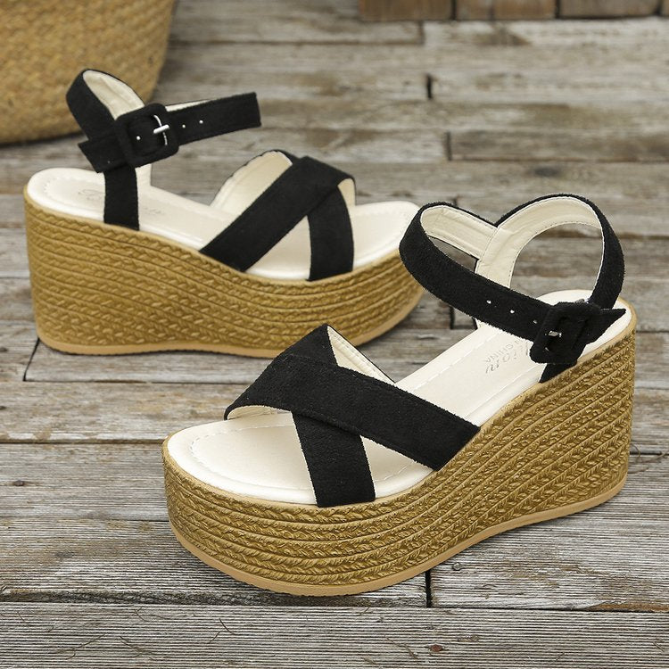 Summer Casual Non-Slip Wedge Sandals for Women: Cross-Strap Platform Shoes with Hemp Heels