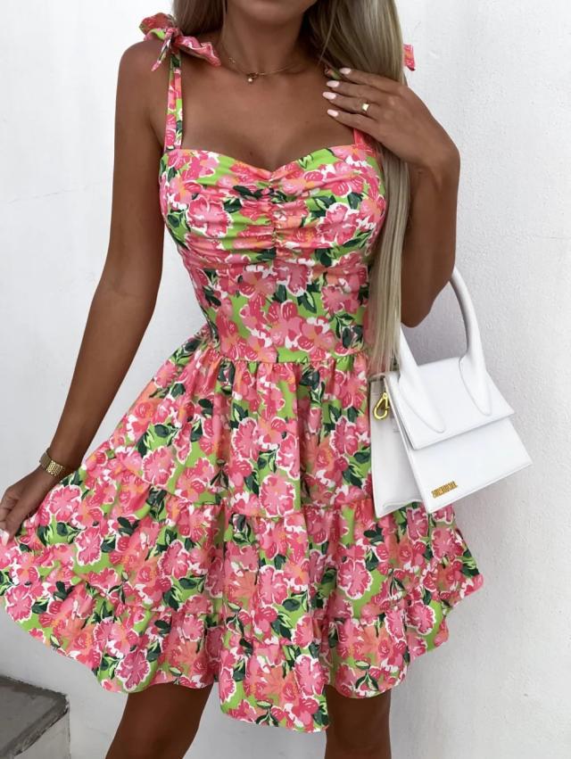 Printed Waisted Fashion Pleated Dress