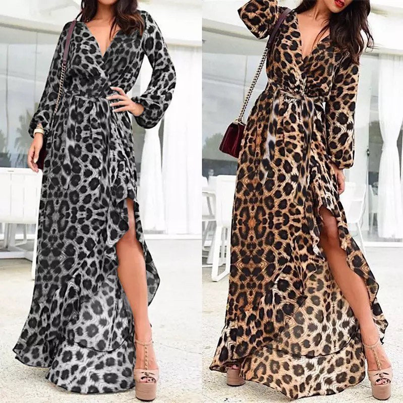 Casual Leopard Print V-neck Maxi Dress
