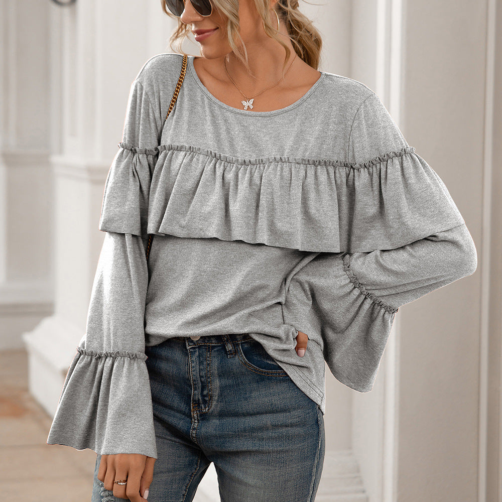 Casual Ruffled Stitching Long-sleeved Solid Color Mid-length T-shirt Top Women