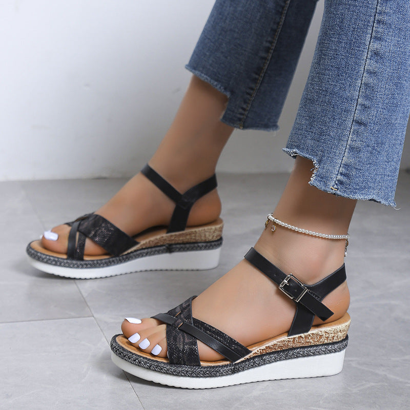 Stylish Women's Plus Size High Heel Platform Wedge Sandals with Buckle