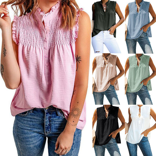 Women's Fashion Smocked V-Neck Sleeveless Shirt Top