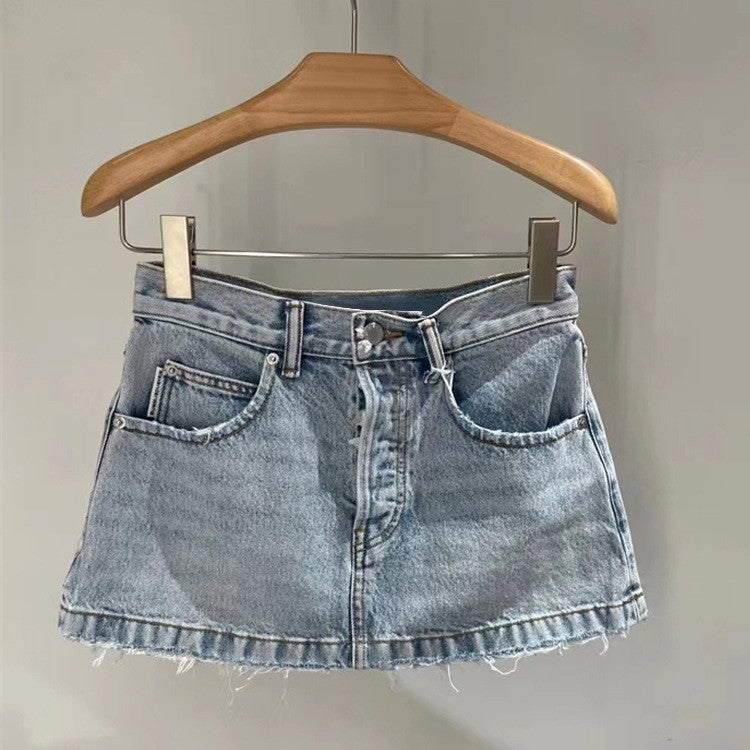 Washed And Made Of Old Design Feeling Raw Hem Denim Skirt