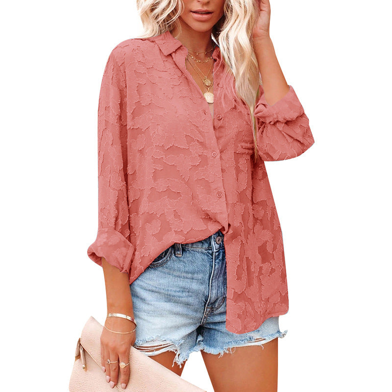 Women's Long Sleeve Shirt in Solid Color with Hollow Chiffon Jacquard and Button Detail