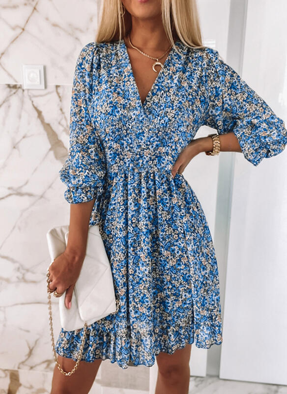 Printed Short Sleeve Puff Sleeve Mid-Rise Floral Dress