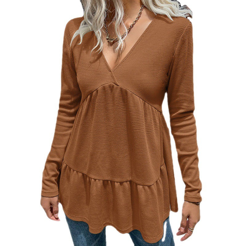 Loose Casual Solid Color V-Neck Long Sleeve Tata Top