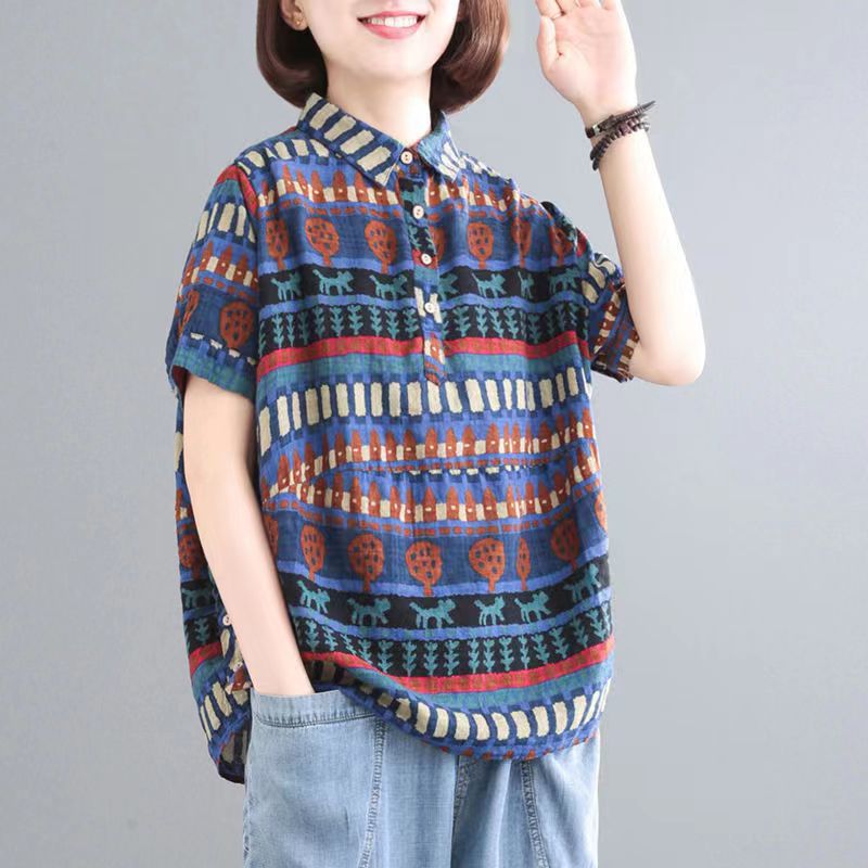 Cotton And Hemp Printing Loose Large Casual Short-sleeved Meat Concealing Thin Shirt Top