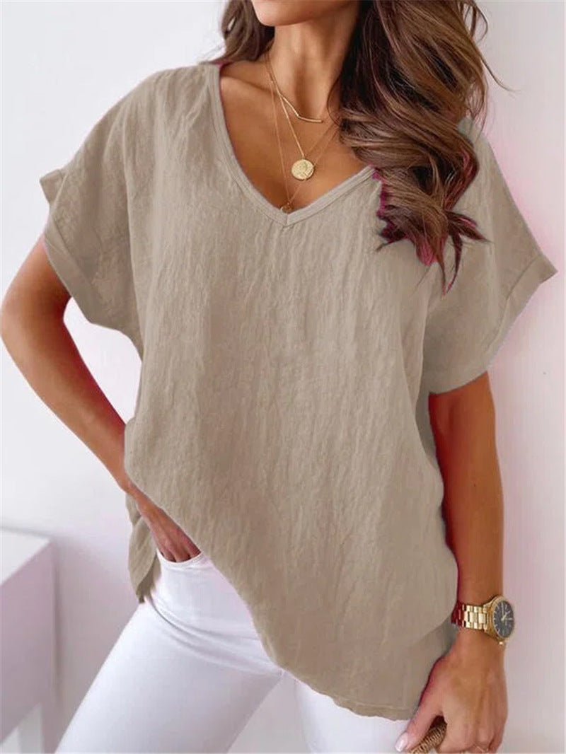 Solid Color Cotton And Linen Short-sleeved V-neck Shirt T-shirt For Women