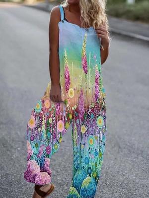 Women's Wide Leg Jumpsuit with Printed Sling and Pocket Detail
