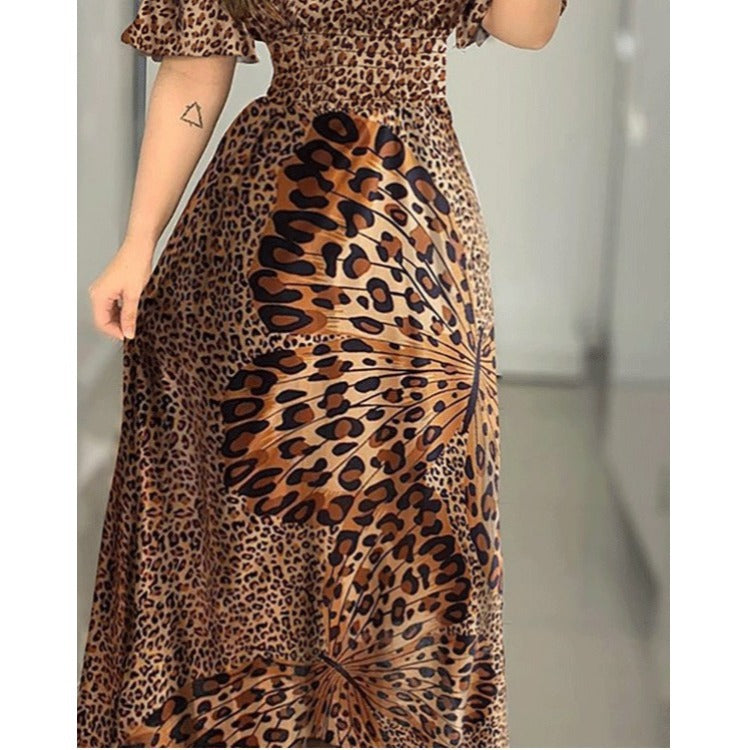 Leopard Print Shoulder Butterfly Print Dress