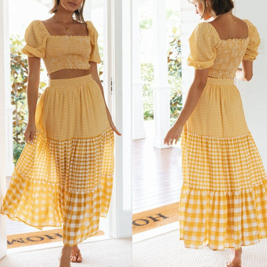 Square Collar Swept Top Half Body Swing Fashion Long Skirt Suit