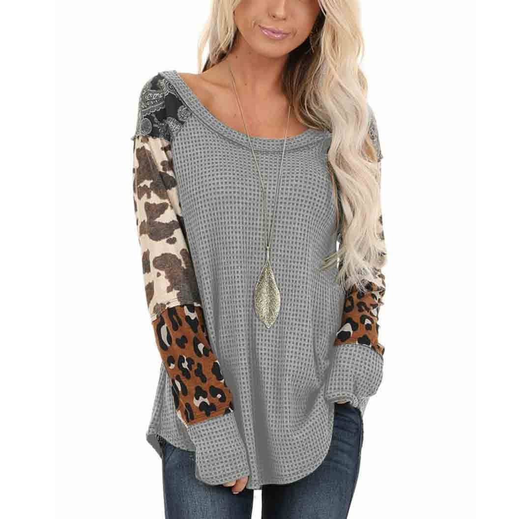 Women's Printed Patchwork Pullover Round Neck Long Sleeve T-Shirt Top