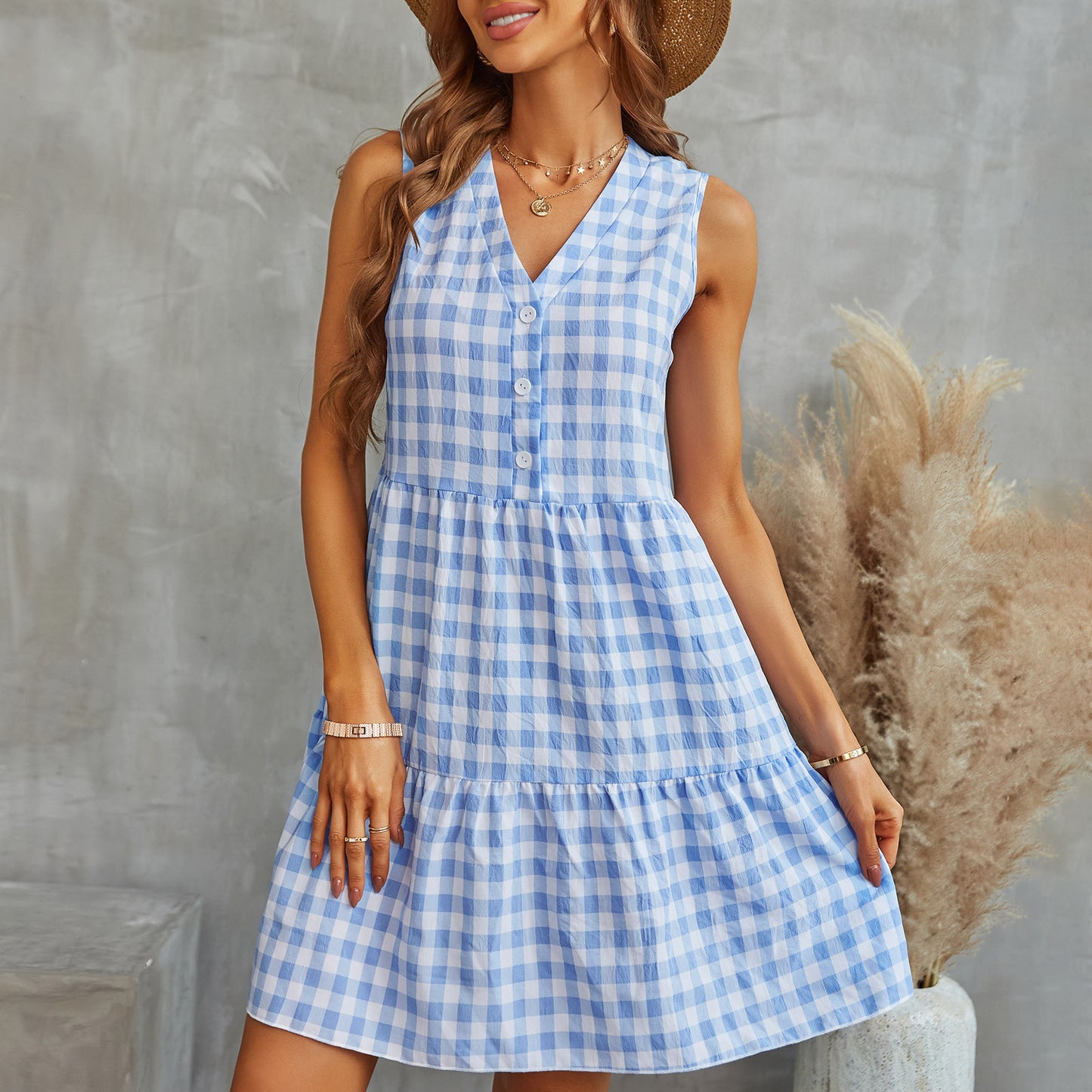 New V-neck Skirt Women's Fashion Plaid Dress