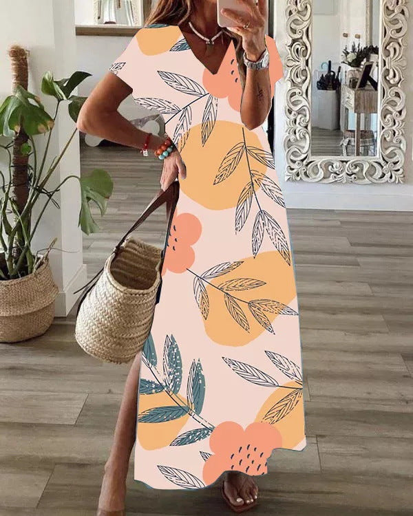 Mid-Length Casual Loose Dress with Digital Print, V-Neck, and Short Sleeves