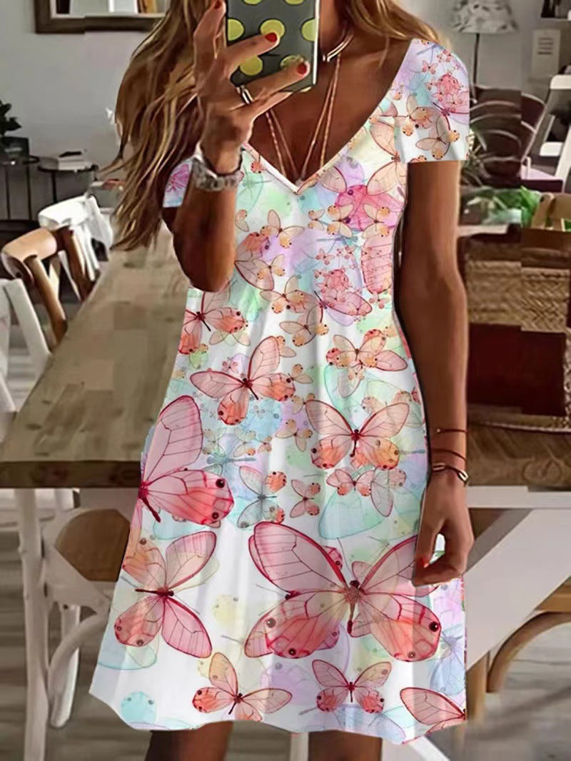 Fashionable Loose Dress for Women with a V-Neck and an Eye-Catching Print.