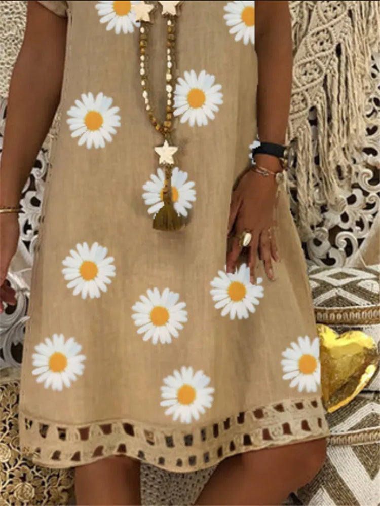 Sunflower Print V-Neck Short Sleeve Dress