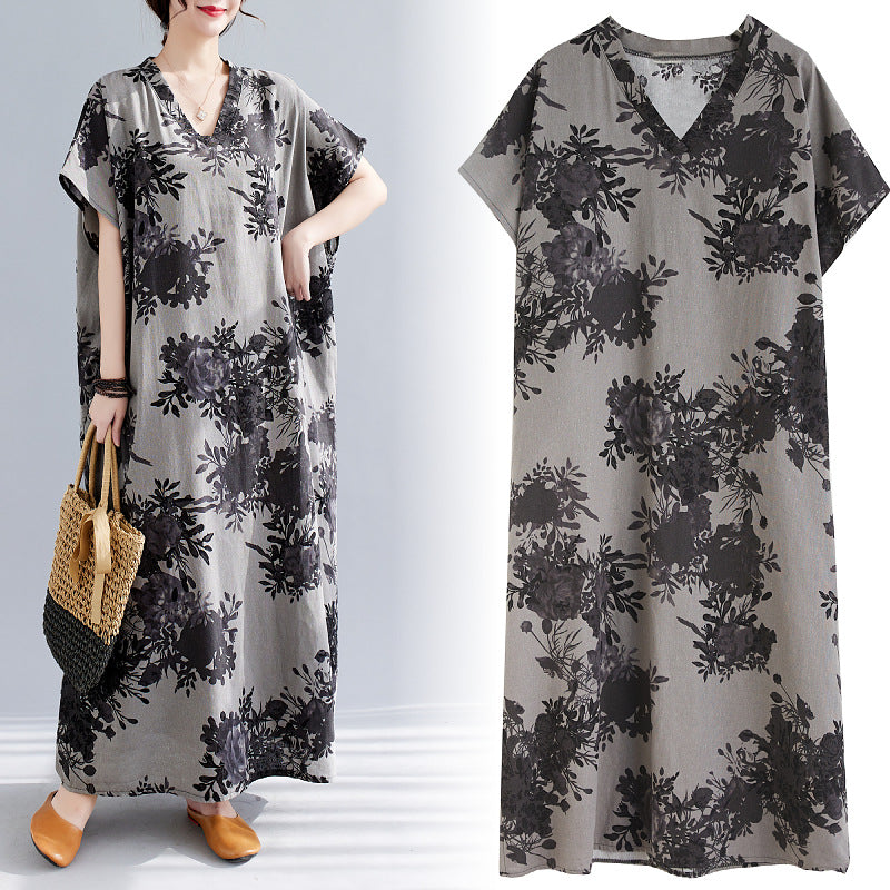 Cotton And Hemp V-neck Cotton And Hemp Comfortable Gown With Meat Covering Dress