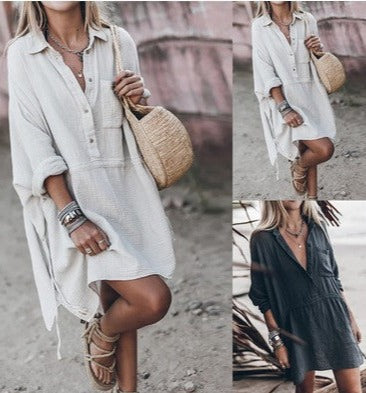 Casual Loose Deep V-neck Mid-length Pocket Patch Dress