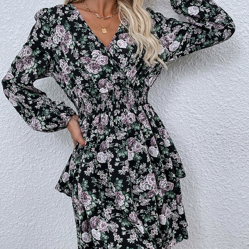 Autumn New Style Long-Sleeved Floral V-Neck Dress with Puff Sleeves