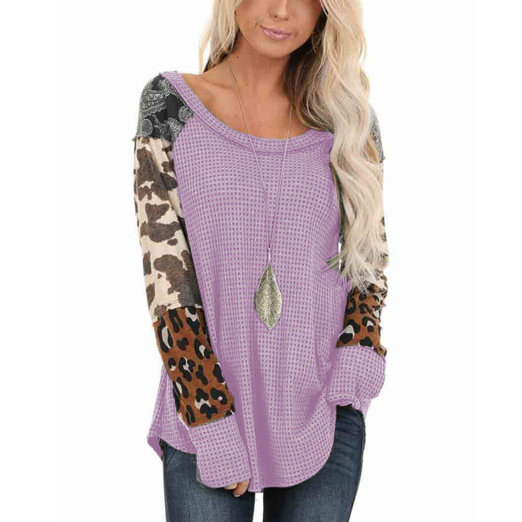 Women's Printed Patchwork Pullover Round Neck Long Sleeve T-Shirt Top