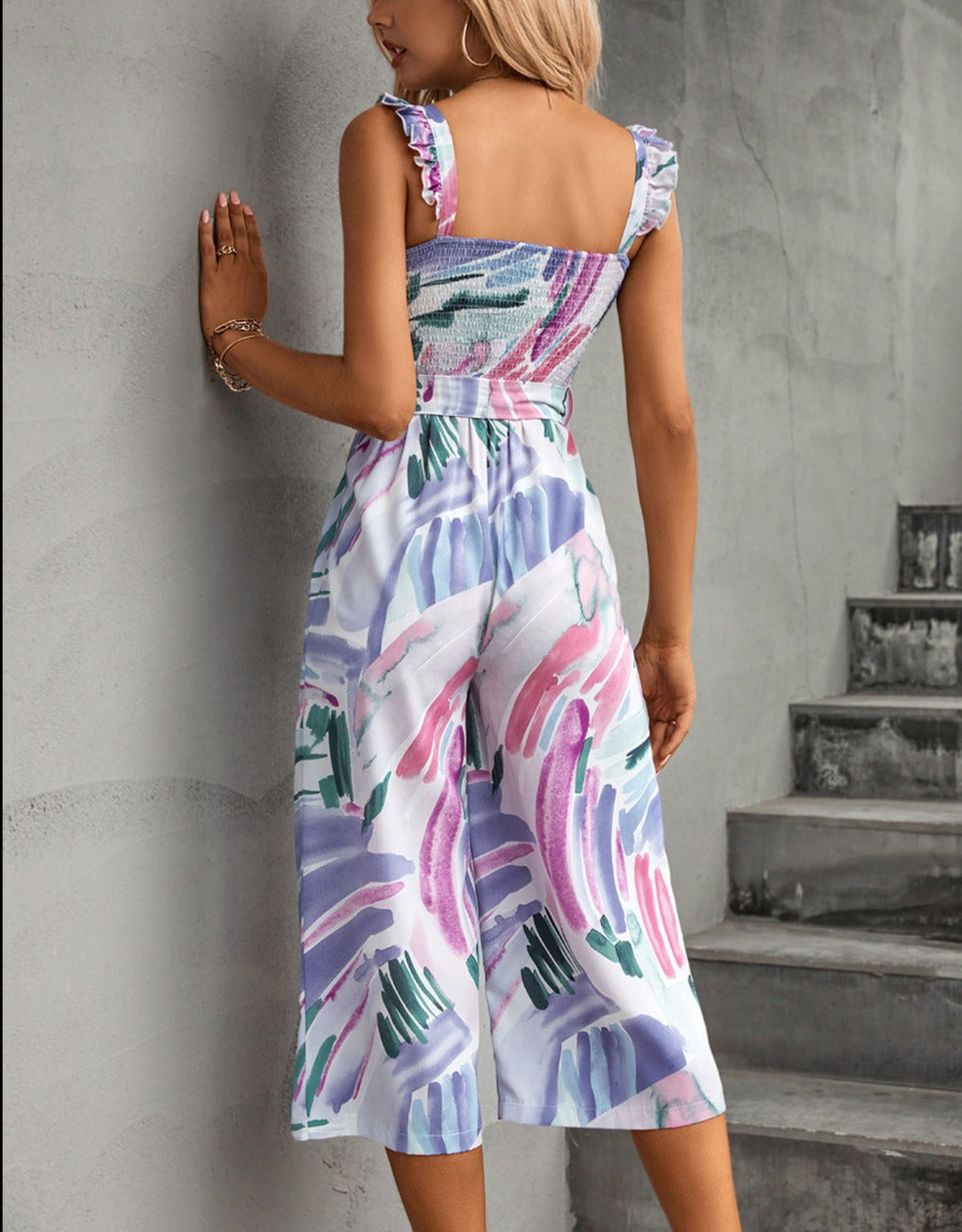 Floral Sleeve Jumpsuit with Flying Sleeves and Belt