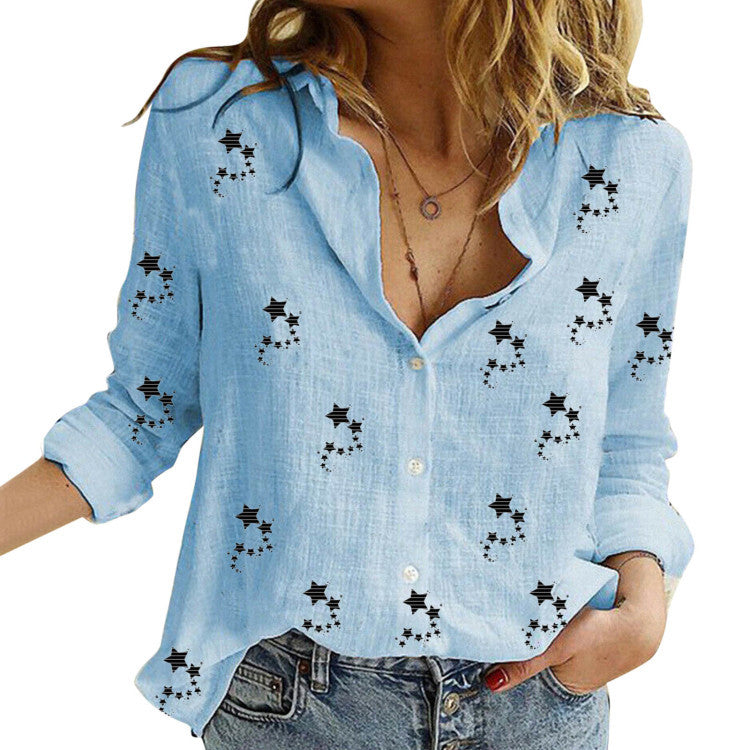 New Little Star Cotton Linen Print Shirt Women's