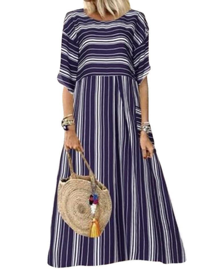 Striped Mid-Waist Dress with Mid-Sleeve Fishtail Cotton High-Waist Long Skirt