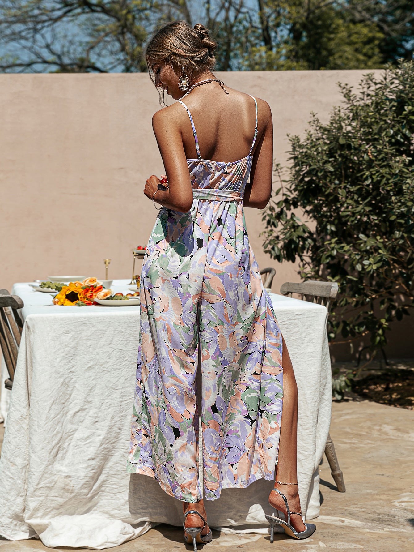 V-Neck Sling Long Skirt with Fashionable Printed Design and Slit