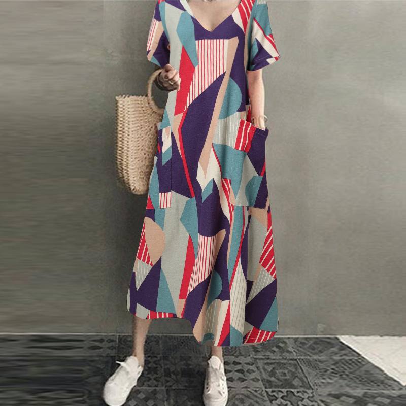 V-neck Long Shirt Dress with Print for Women
