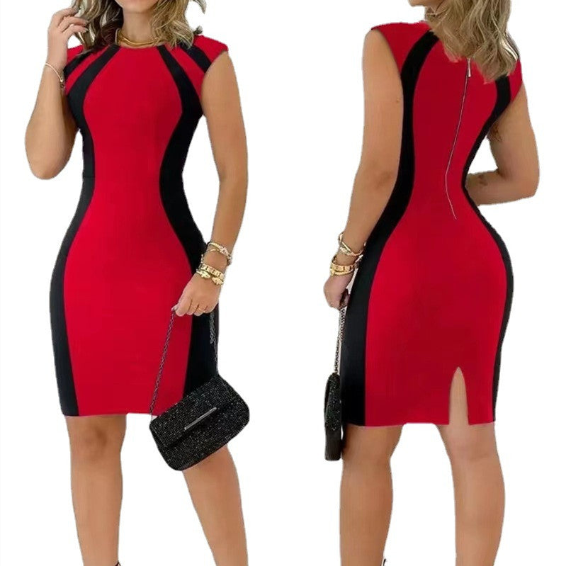 Women's Fashion Collision Color Sleeveless Round Neck Splicing Dress