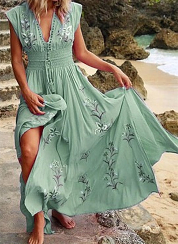 New V-neck Fringed Bohemian Print Long Skirt Summer Sleeveless Loose Casual Beach Dress