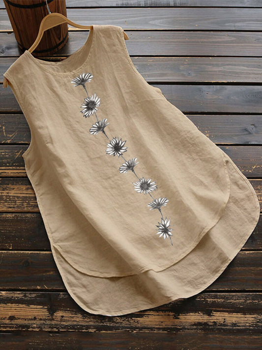 Sleeveless Round Neck Casual Vest with Daisy Print