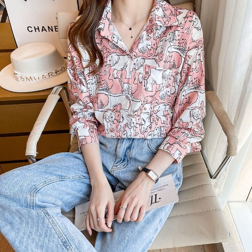 All-Match Long-Sleeved Shirt with Elephant Print in a Loose and Thin Style